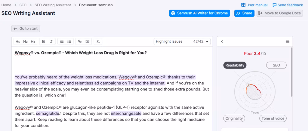 Via Semrush Tailored recommendations from the Semrush SEO writing assistant