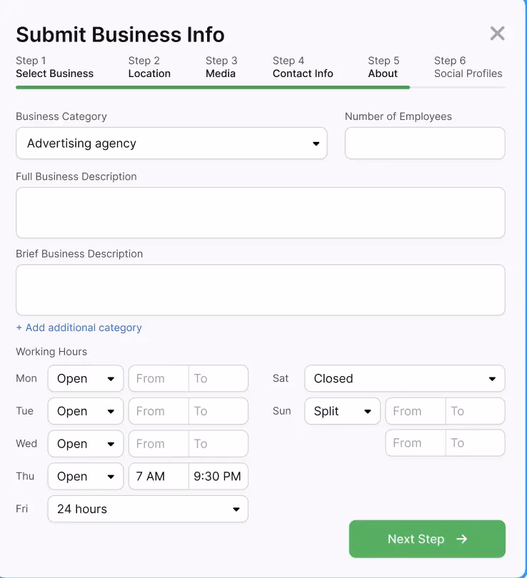 Form titled “Submit Business Info” to help streamline your Local Citation Builder, with sections for business category, number of employees, full and brief business descriptions, and working hours for each day of the week. “Next Step” button at the bottom. Form titled "Submit Business Info" to help streamline your Local Citation Builder, with sections for business category, number of employees, full and brief business descriptions, and working hours for each day of the week. "Next Step" button at the bottom.