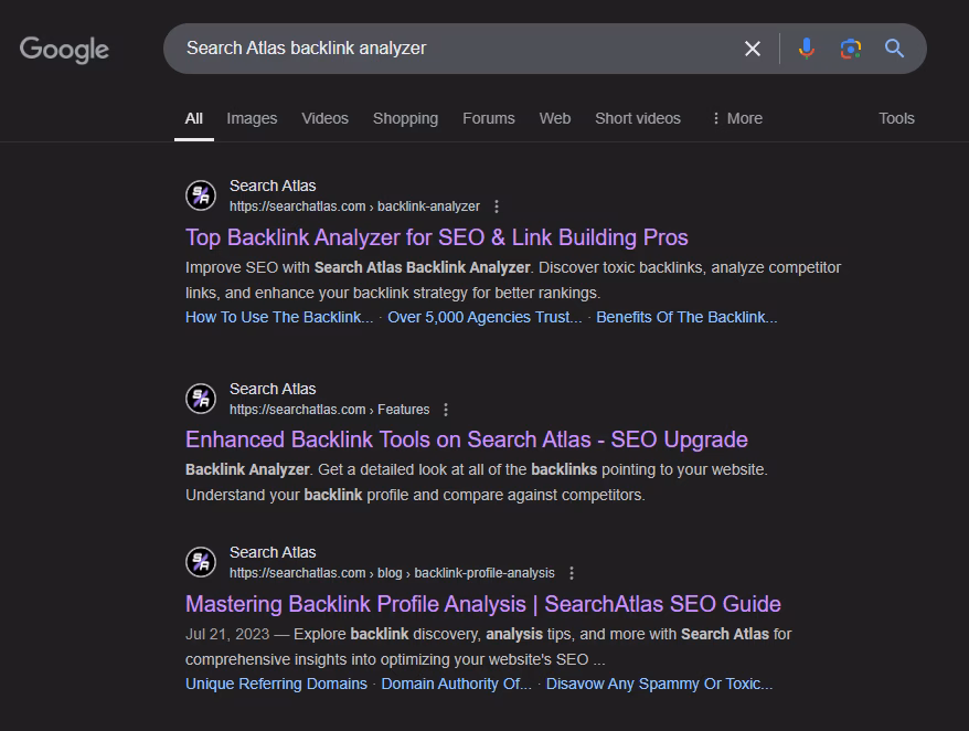 An example of navigational keyword intent where the user searches for “Search Atlas backlink analyzer,” leading to direct brand-related results for backlink analysis tools on the Search Atlas website. navigational keyword intent example search atlas backlink analyzer