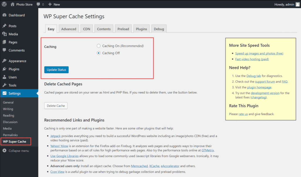 Caching options for improved website performance and speed.