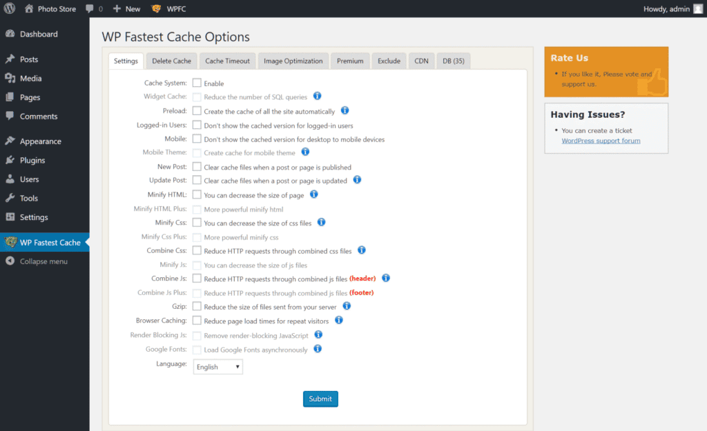 Enable WP Fastest Cache for improved website performance and faster load times.