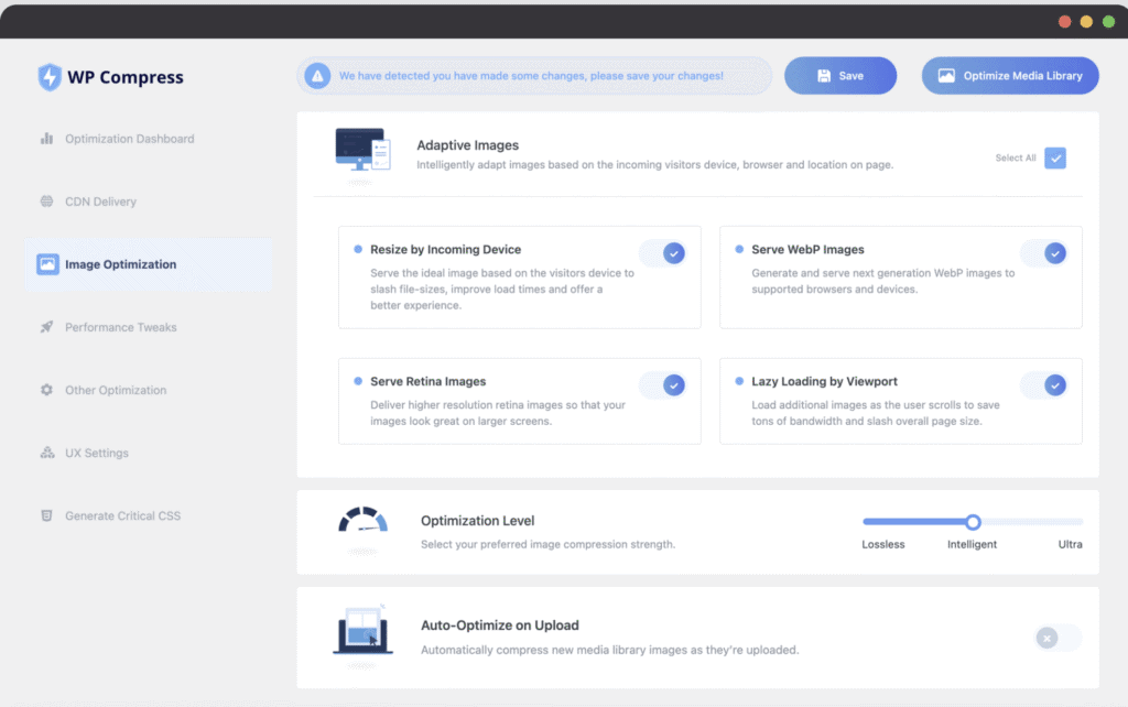 Adaptive SEO software dashboard with optimization tools and settings.