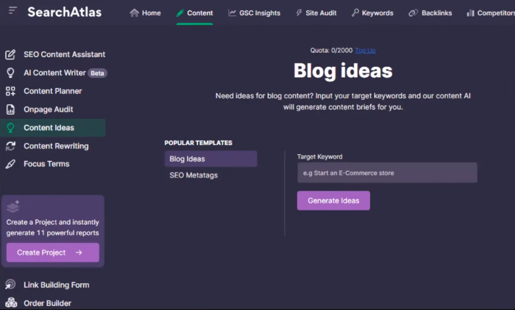 The Search Atlas blog idea generator produces relevant blog topics based on specific target keywords, which generates a list of relevant blog topics to add to your content calendar! Search Atlas Blog Idea Generator Feature