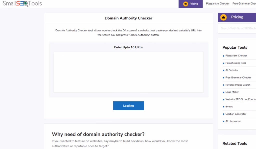 Via Small SEO Tools small seo tools domain authority checker